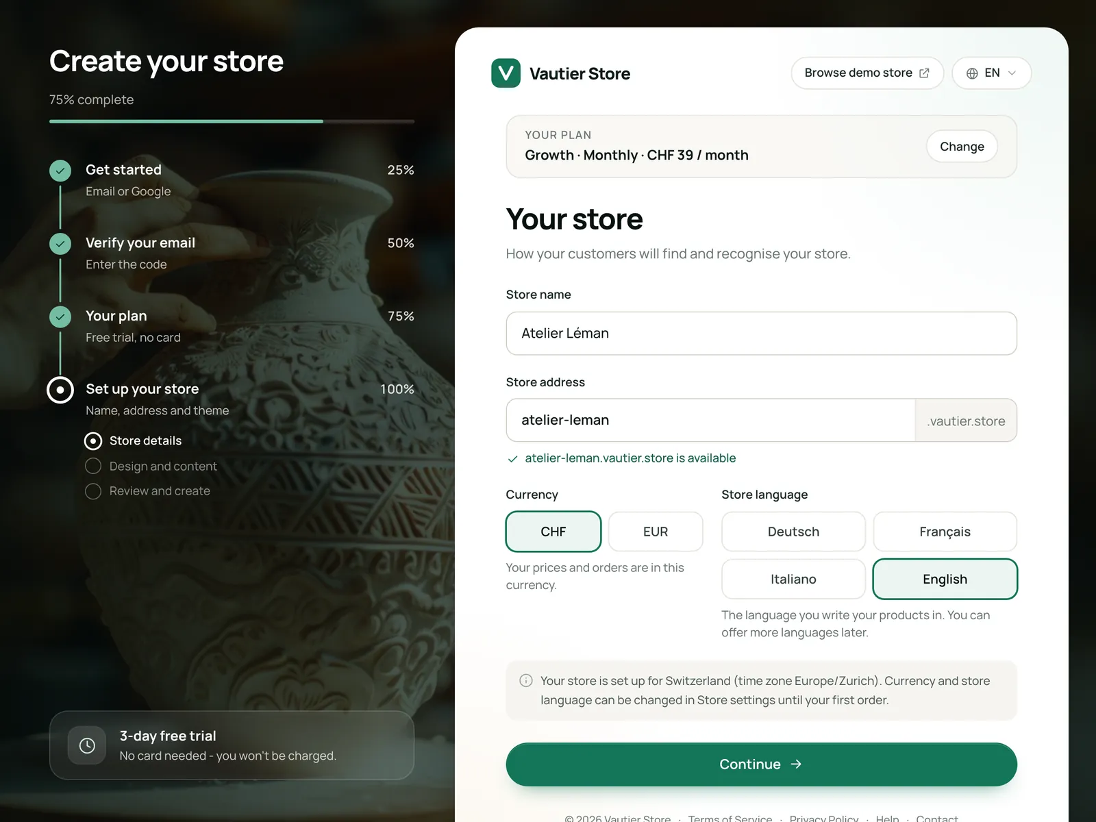 The Vautier Store onboarding: store name, address, currency and store language