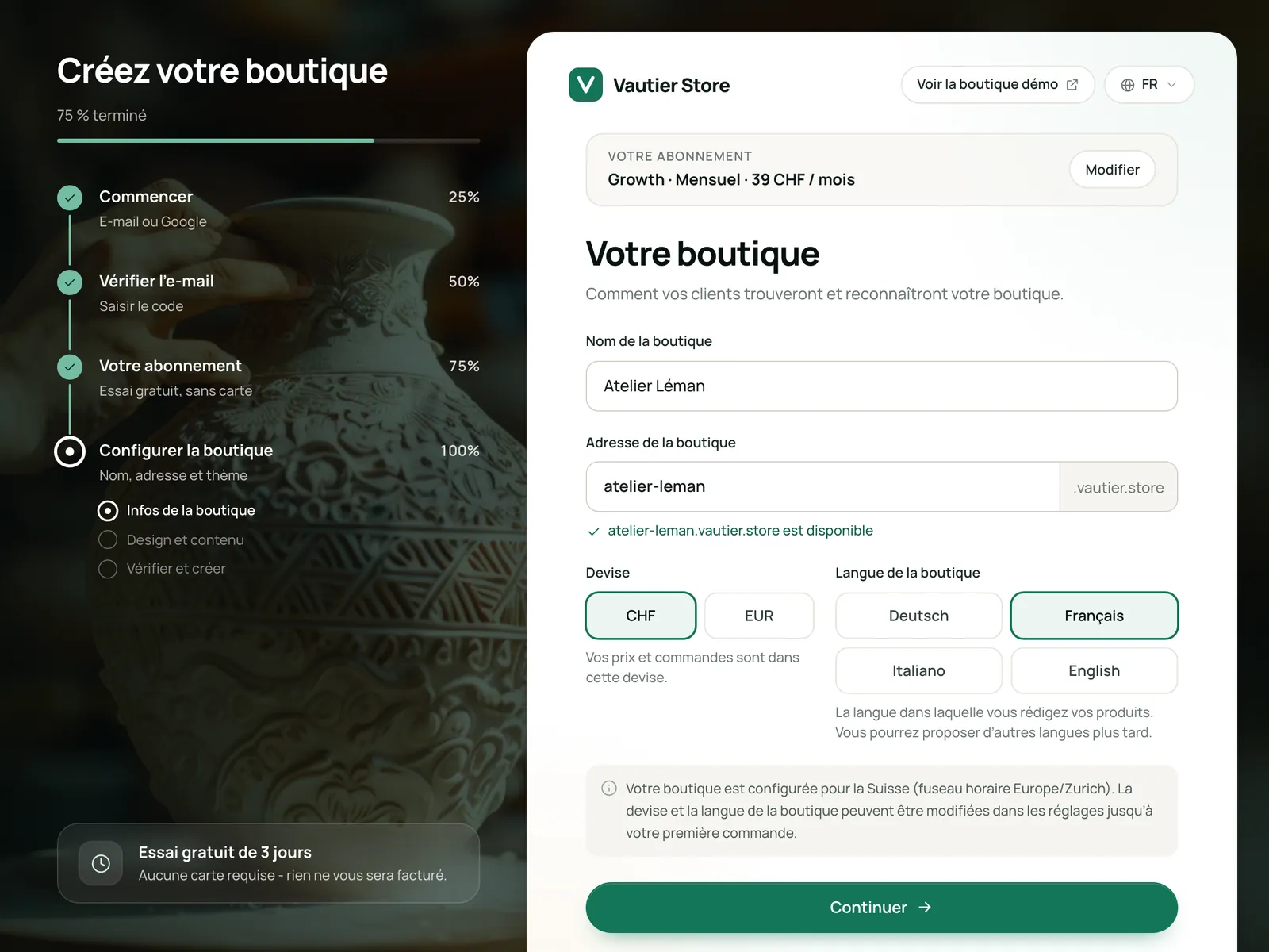 La mise en route Vautier Store : nom, adresse, devise et langue de la boutique