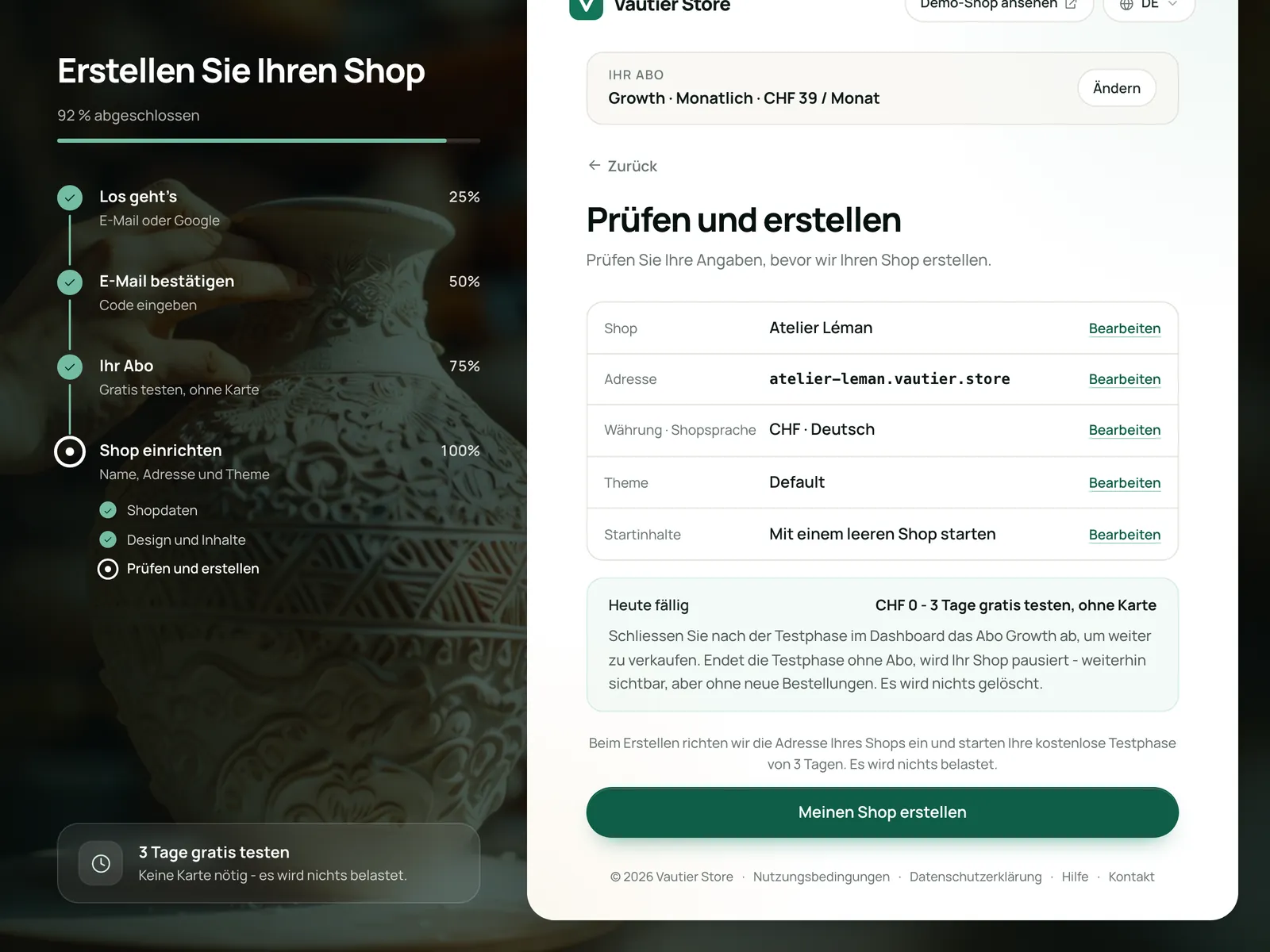 Der letzte Einrichtungsschritt: Angaben prüfen und den Shop erstellen