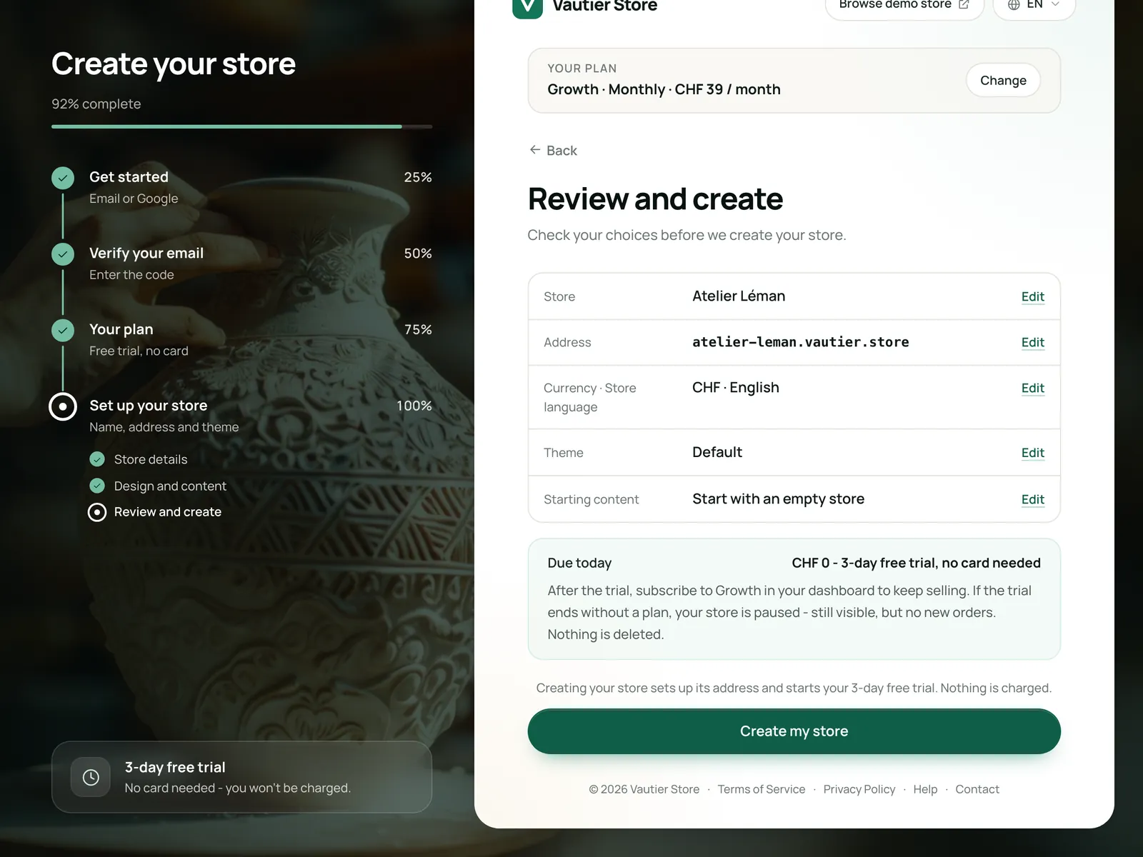 The final onboarding step: review your choices and create your store