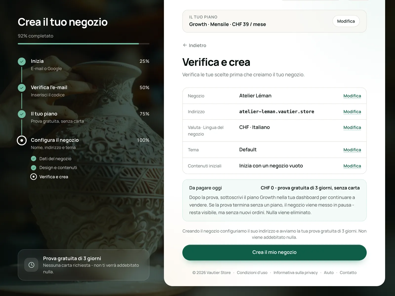 L’ultimo passo dell’avvio: verifica le scelte e crea il negozio